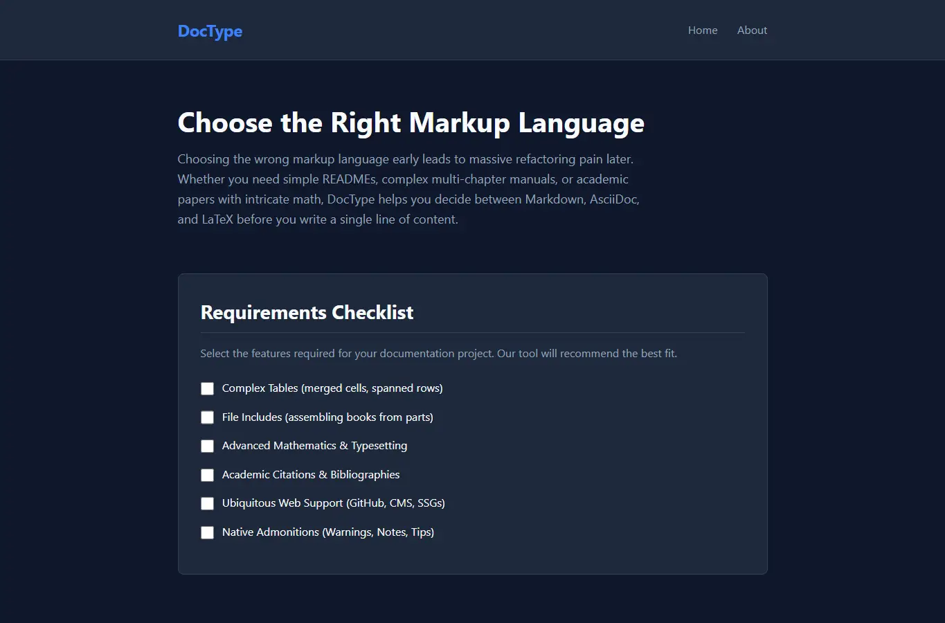 Screenshot of DocType | Markup Language Selector interface showing the project page in use